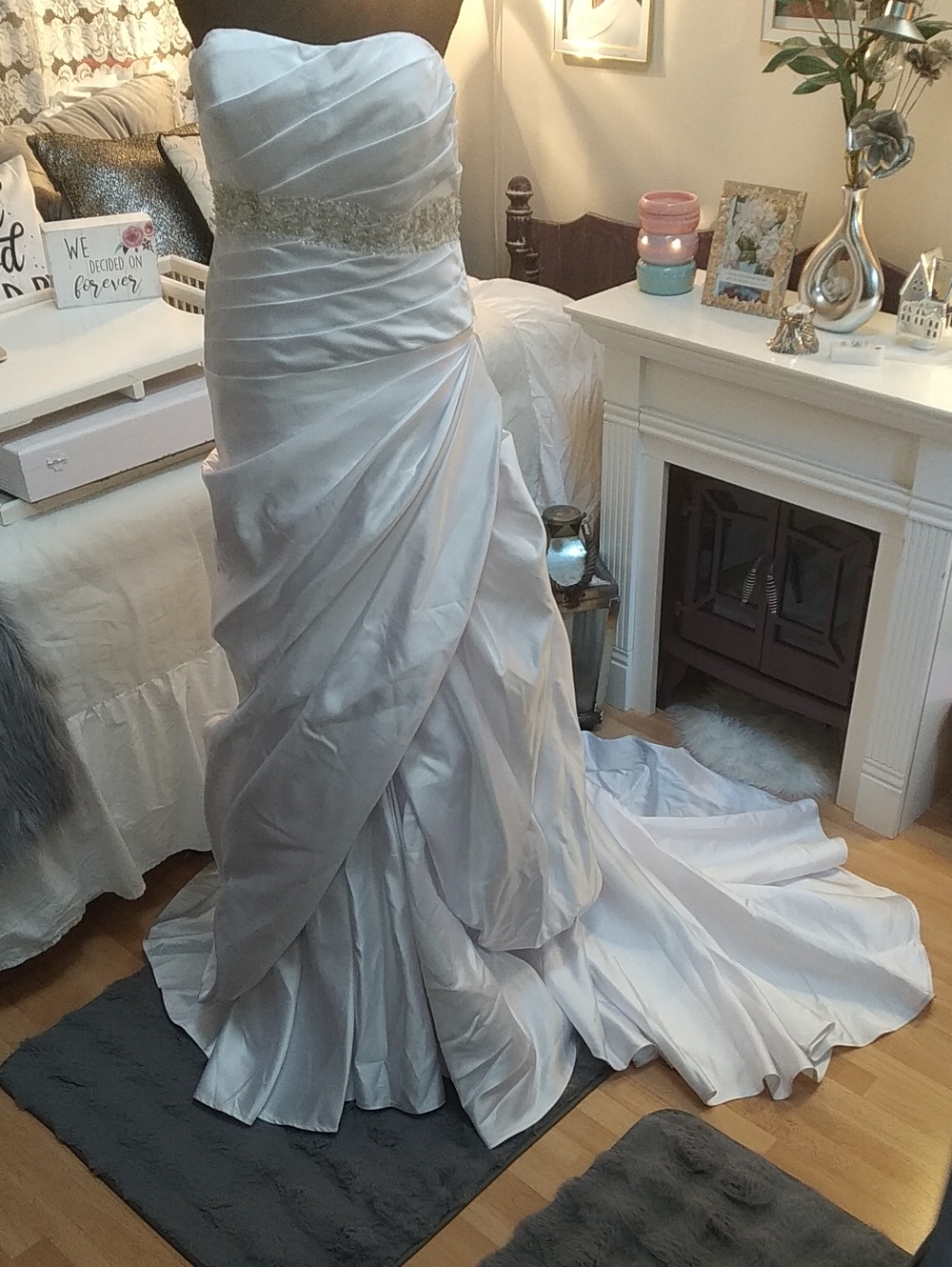 Strapless White Satin Wedding Dress with Beaded Waist